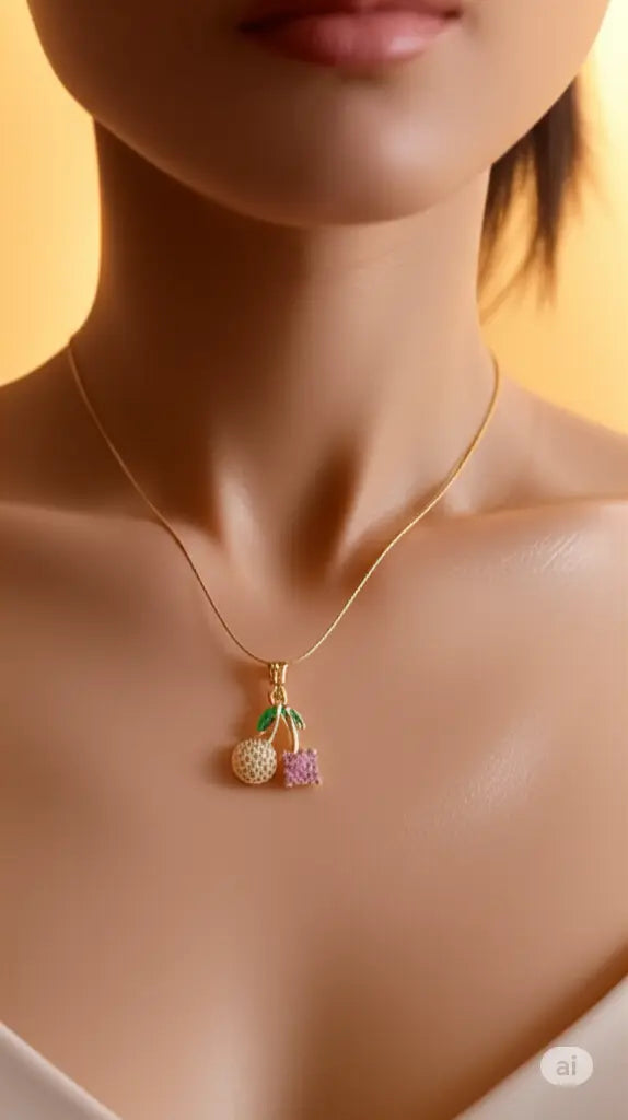 Delicate gold necklace with colorful pineapple and fruit charms on model's neck.