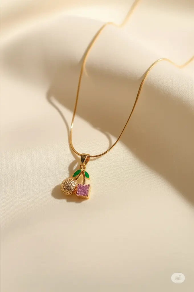 Gold necklace with a small pineapple pendant featuring textured gold, green leaves, and a purple base charm.
