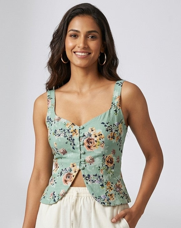 Mint Green Floral Sleeveless Front Button Top for Women