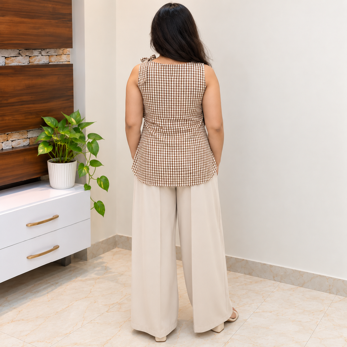 Ayla Gingham Top – Brown & White Sleeveless Top for Women