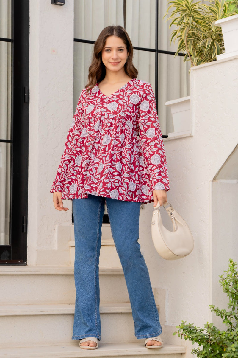 Blue Floral Printed Cotton Top for Women