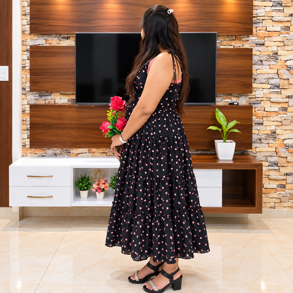 Elara Heart Dress – Black & Pink Heart Print Maxi Dress