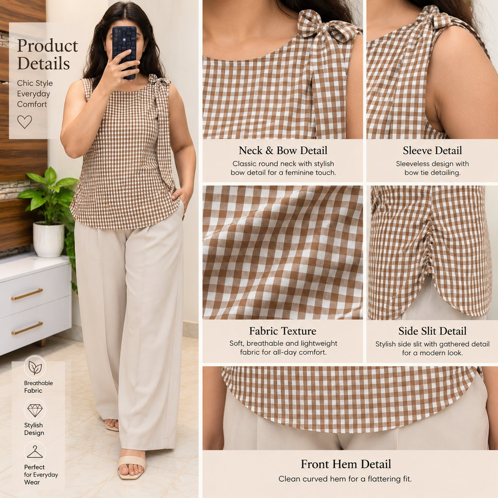 Ayla Gingham Top – Brown & White Sleeveless Top for Women