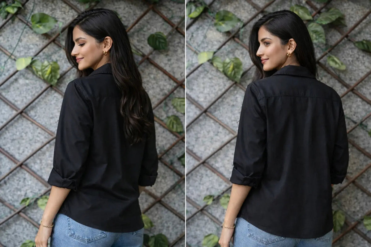 Black cotton shirt with three-quarter sleeves and floral embroidery on front and back yoke, worn with jeans.