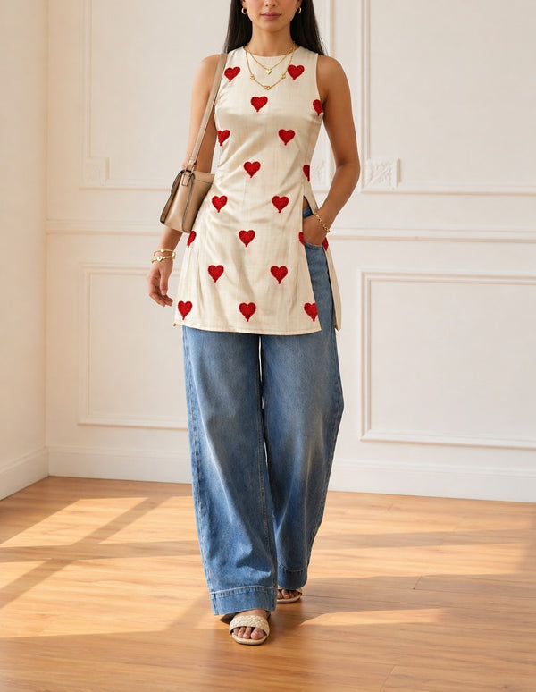 Sleeveless beige cotton short kurti with red heart embroidery paired with wide-leg blue jeans.