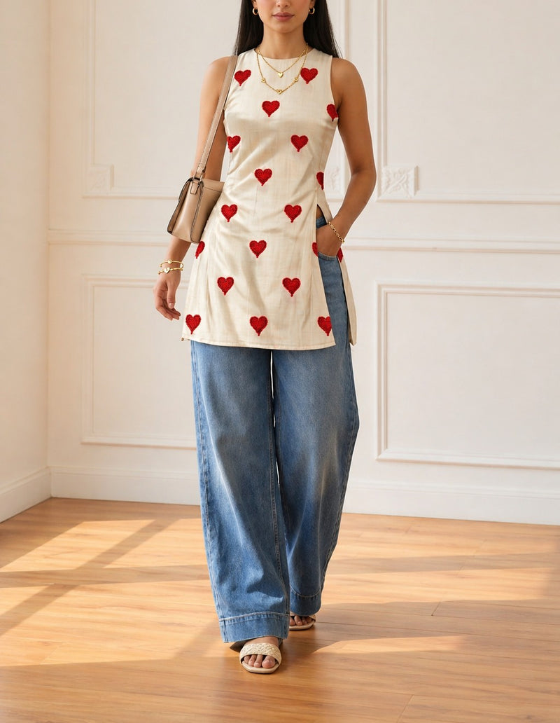 Sleeveless beige cotton short kurti with red heart embroidery paired with wide-leg blue jeans.