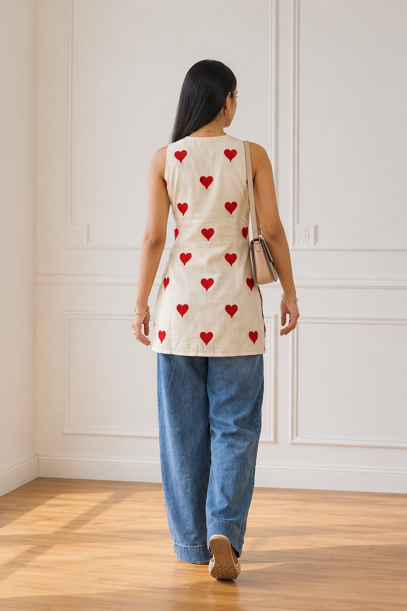 Beige sleeveless cotton short kurti with red heart embroidery paired with blue jeans.