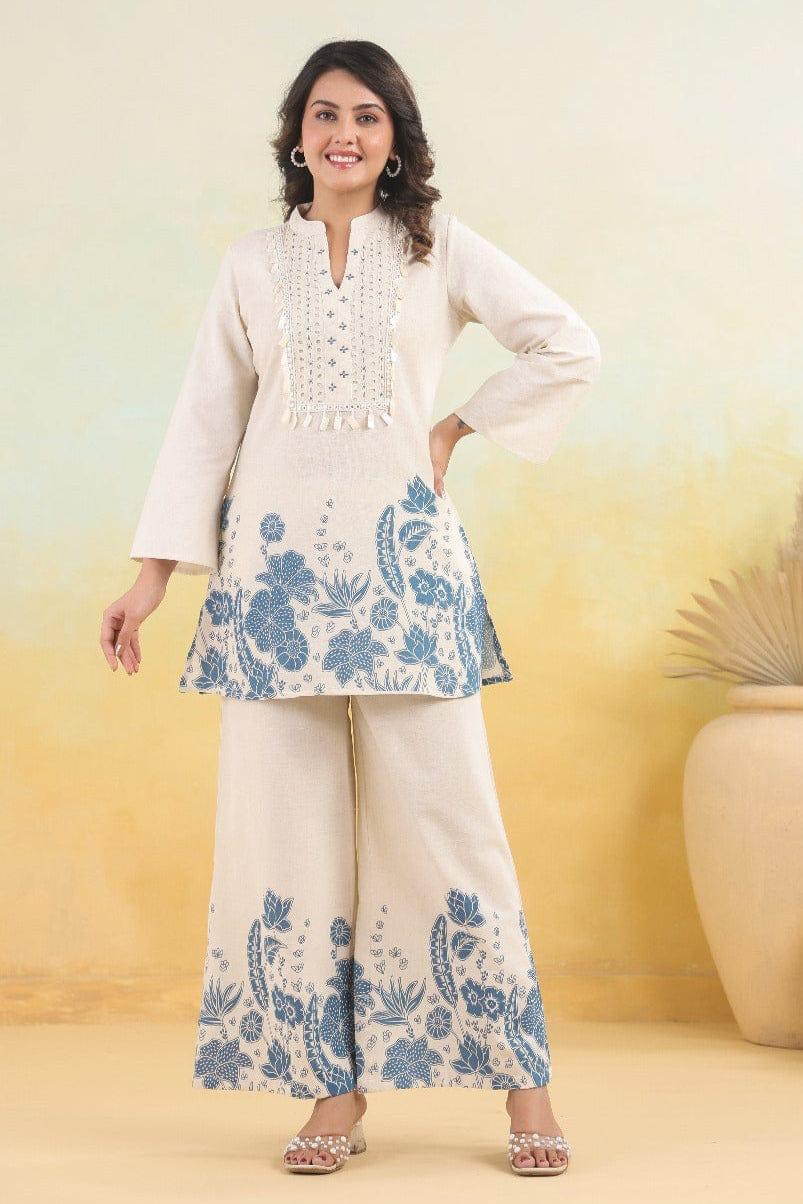 Off White Blue Printed Kurta Palazzo Set for Women