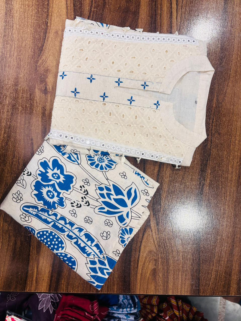 Off White Blue Printed Kurta Palazzo Set for Women