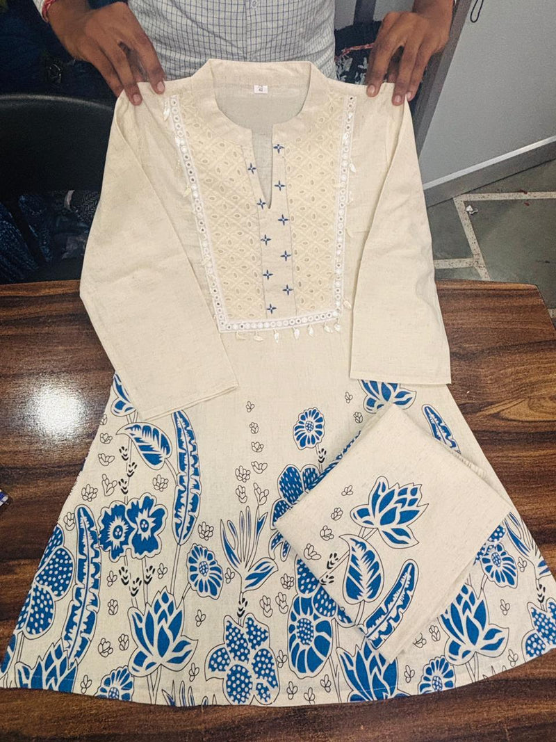 Off White Blue Printed Kurta Palazzo Set for Women