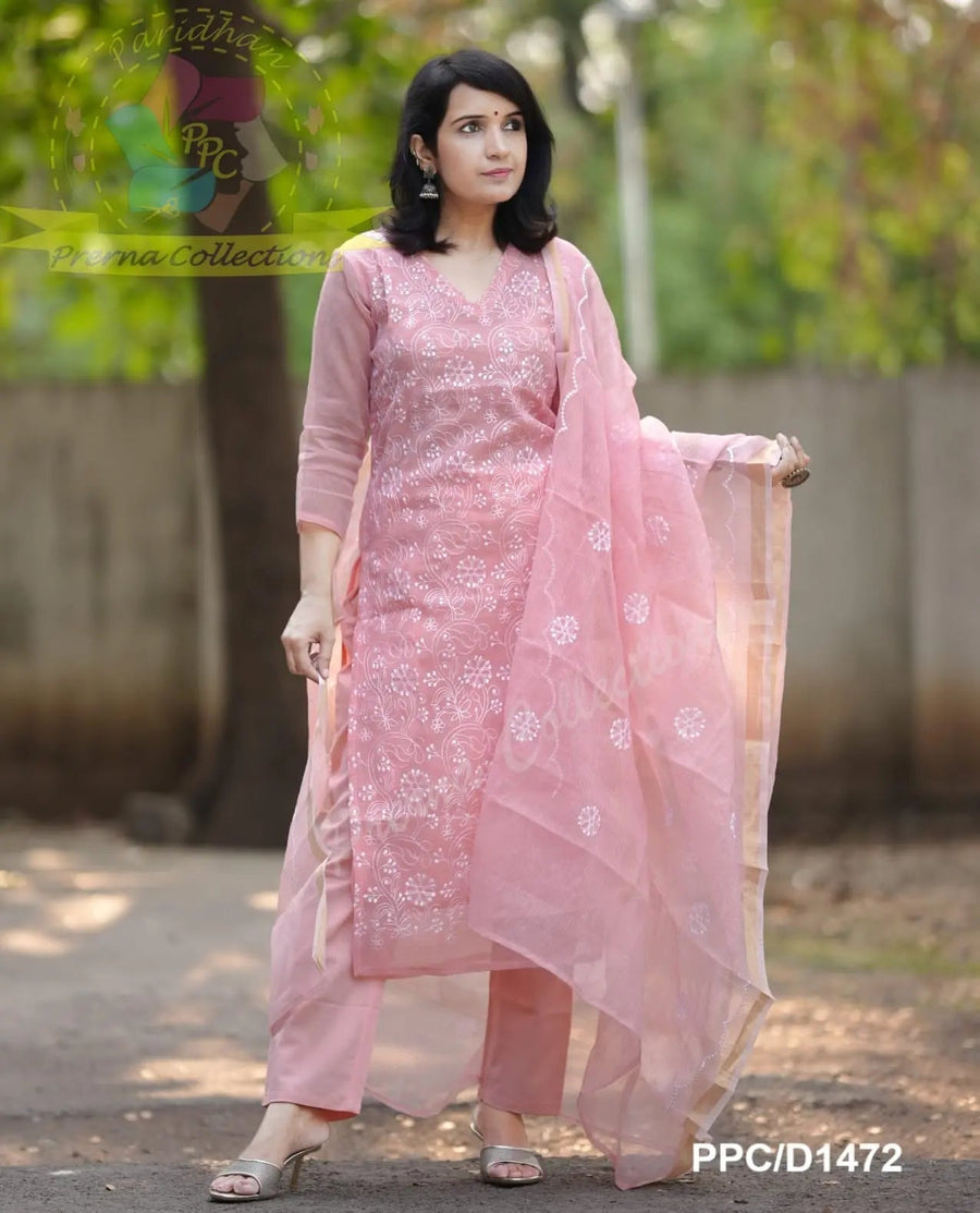 Pink embroidered traditional suit with sheer floral dupatta and matching straight pants.