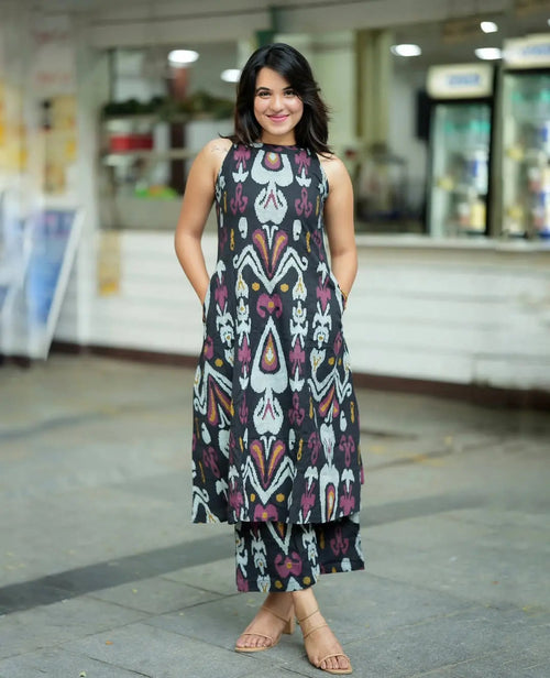 Black sleeveless corset with colorful abstract print and matching cropped pants.