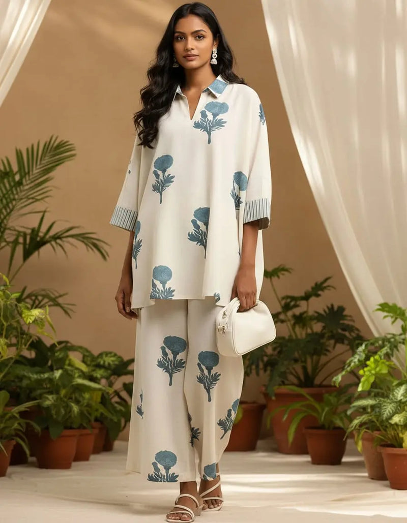 White loose-fit corset with blue floral print, three-quarter sleeves, and matching wide-leg pants.