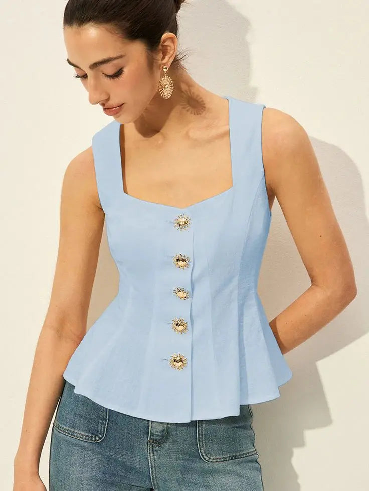 Light blue sleeveless peplum top with square neckline and gold button front detail.