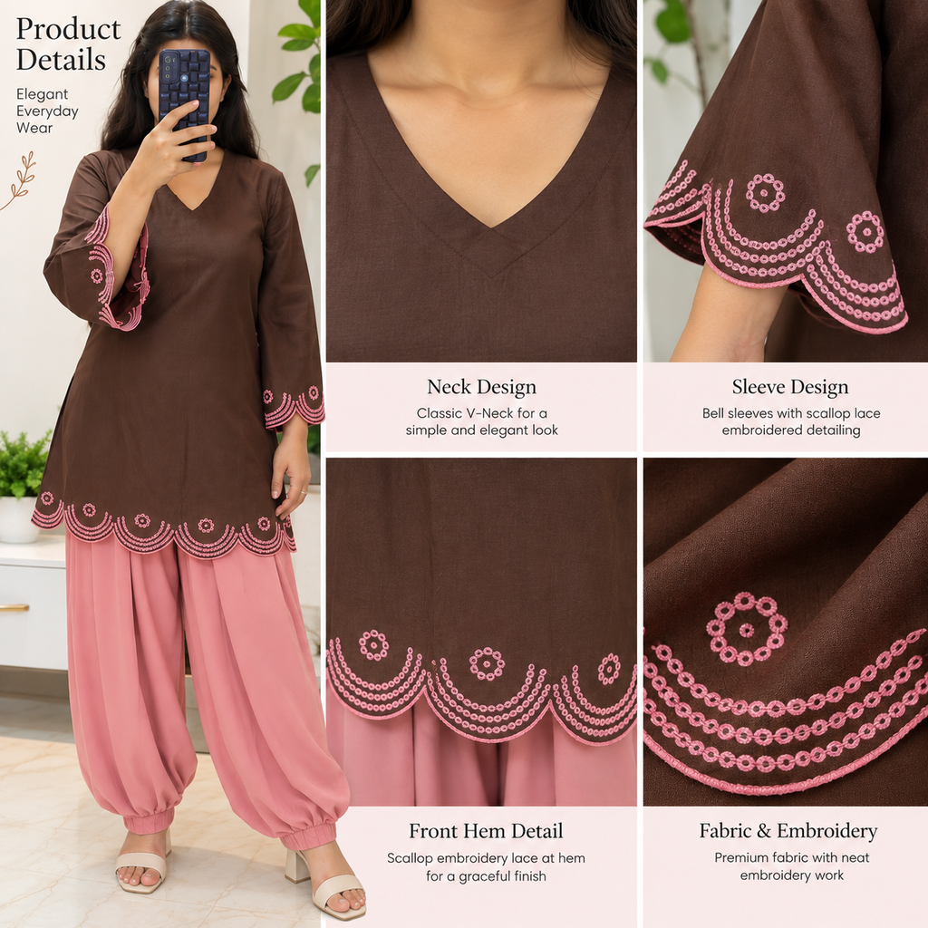 Cocoa brown kurti with pink embroidered neck and sleeve detailing