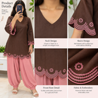 Cocoa brown kurti with pink embroidered neck and sleeve detailing