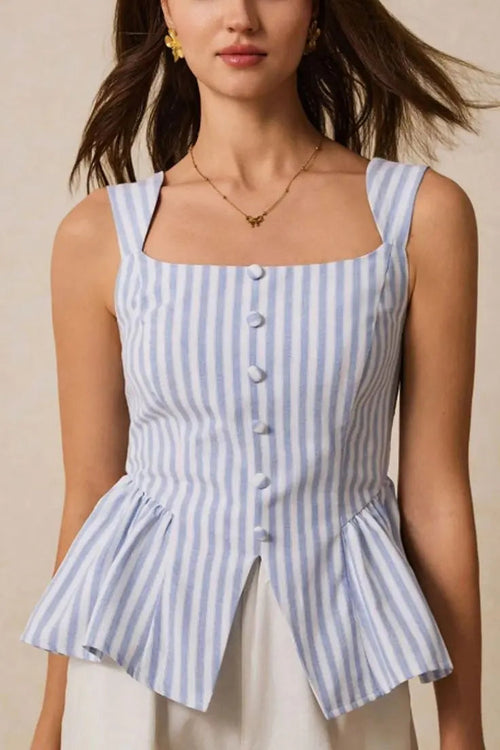Light blue and white striped square neck peplum top with button front and wide straps.