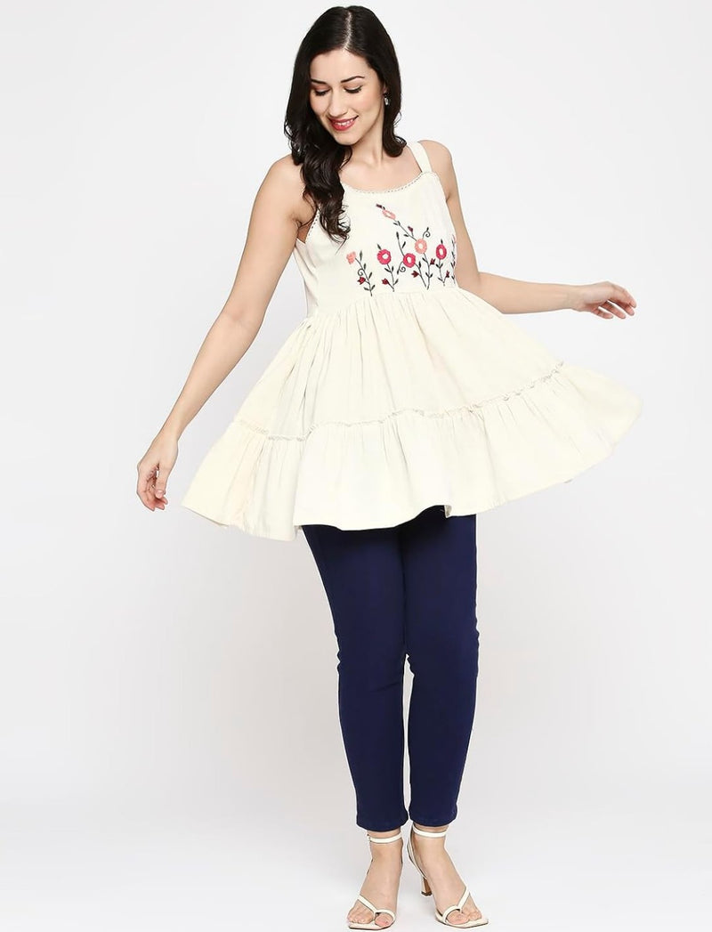 Women’s Cream Floral Embroidered Sleeveless Tiered Peplum Top