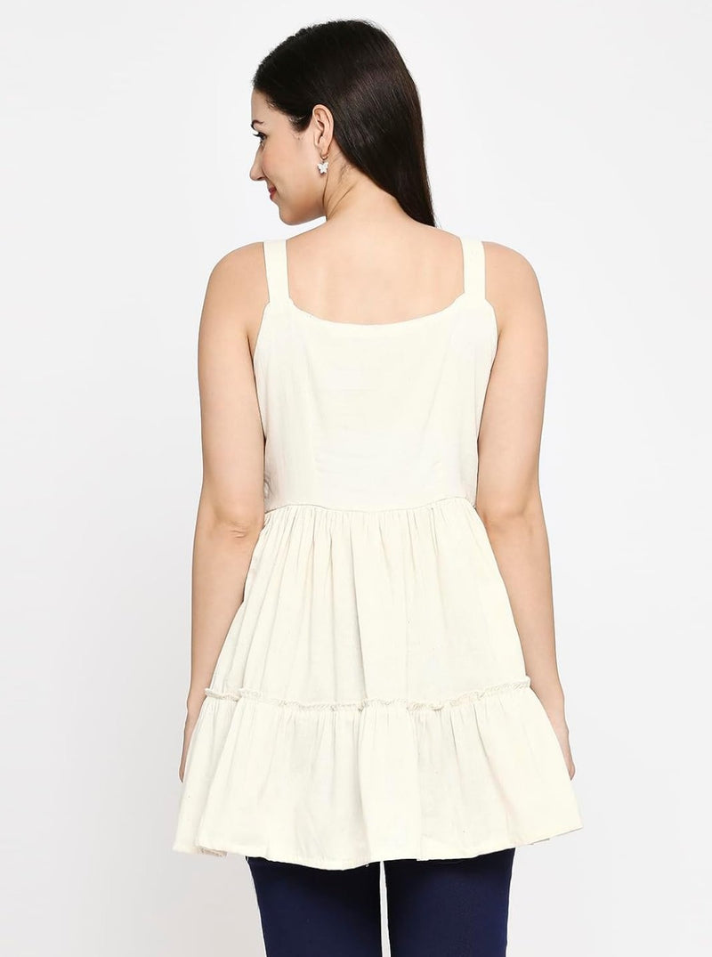 Women’s Cream Floral Embroidered Sleeveless Tiered Peplum Top