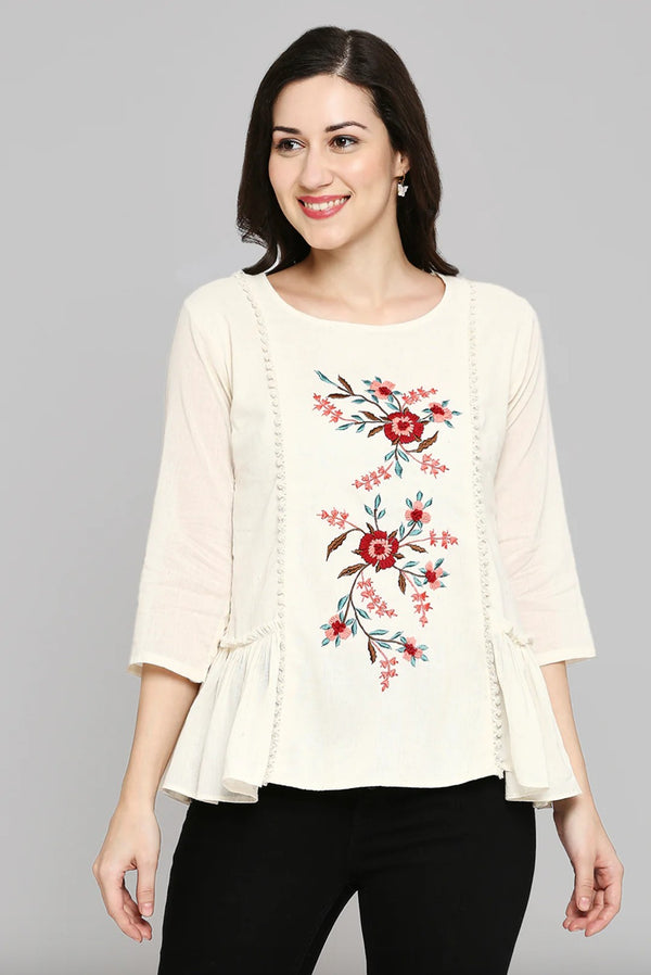 Cream Floral Embroidered 3/4 Sleeve Peplum Top for Women