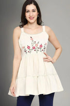 Women’s Cream Floral Embroidered Sleeveless Tiered Peplum Top snarastyle
