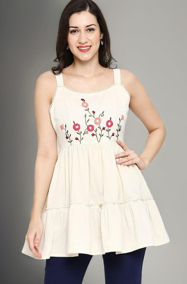 Women’s Cream Floral Embroidered Sleeveless Tiered Peplum Top