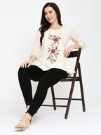 Cream Floral Embroidered 3/4 Sleeve Peplum Top for Women