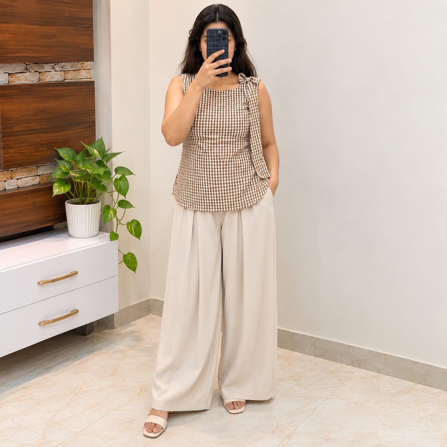 Ayla Gingham Top – Brown & White Sleeveless Top for Women