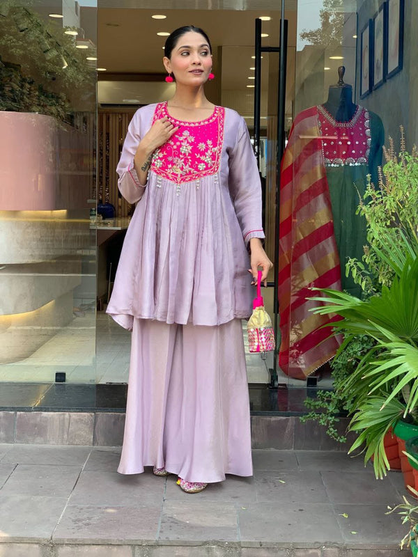 Lavender Kurti Sharara Set with Embroidered Yoke | Ethnic Cotton Co-ord Set for Women