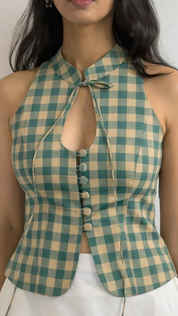 Green Sleeveless Gingham Front Button Top for Women