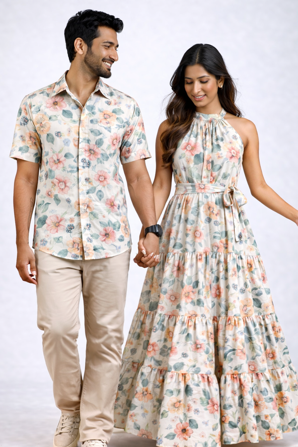 Matching Floral Cotton Couple Outfit Set – Halter Neck Maxi Dress & Men’s Shirt | Summer Co-ord Set