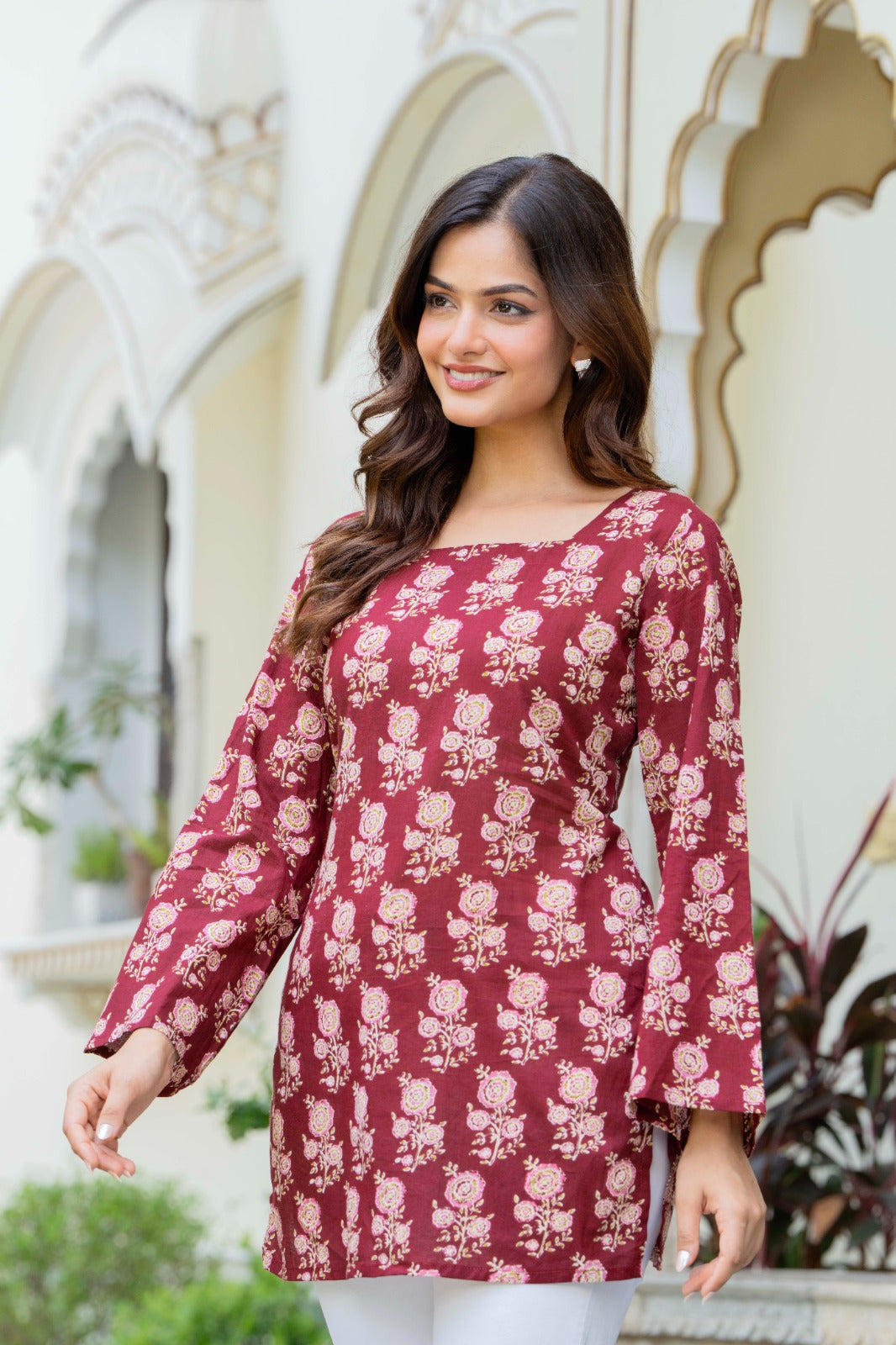 Floral Printed Square Neck Flared Sleeves Pure Cotton A-line Kurti