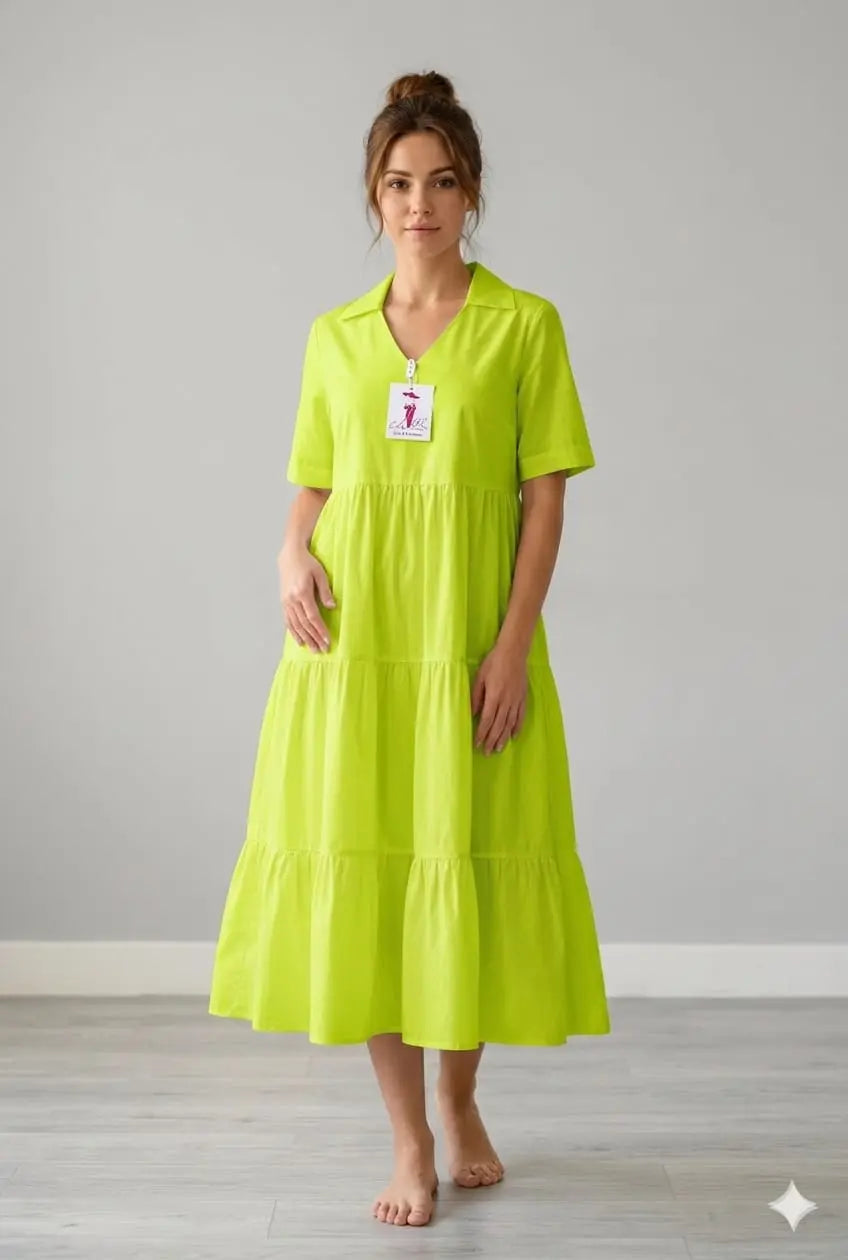 Neon green tiered midi dress with short sleeves and a V-neck collar.