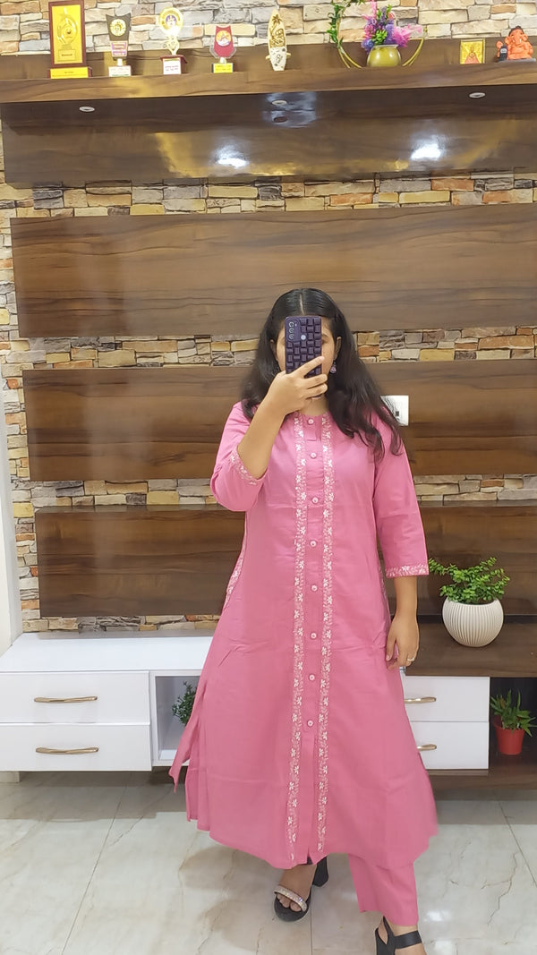 Trendy Pink Cotton Embroidered Kurti Set with Straight Pants for Women – Casual & Office Wear