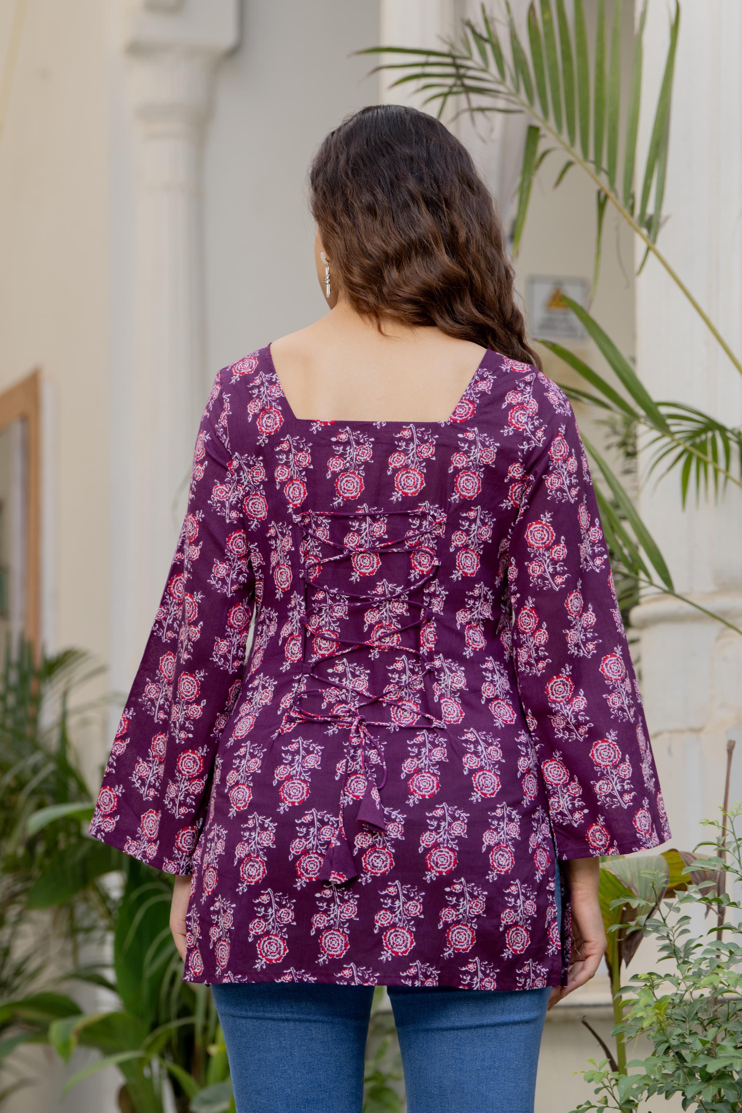 Purple Printed Square Neck Flared Sleeves Pure Cotton A-line Kurti