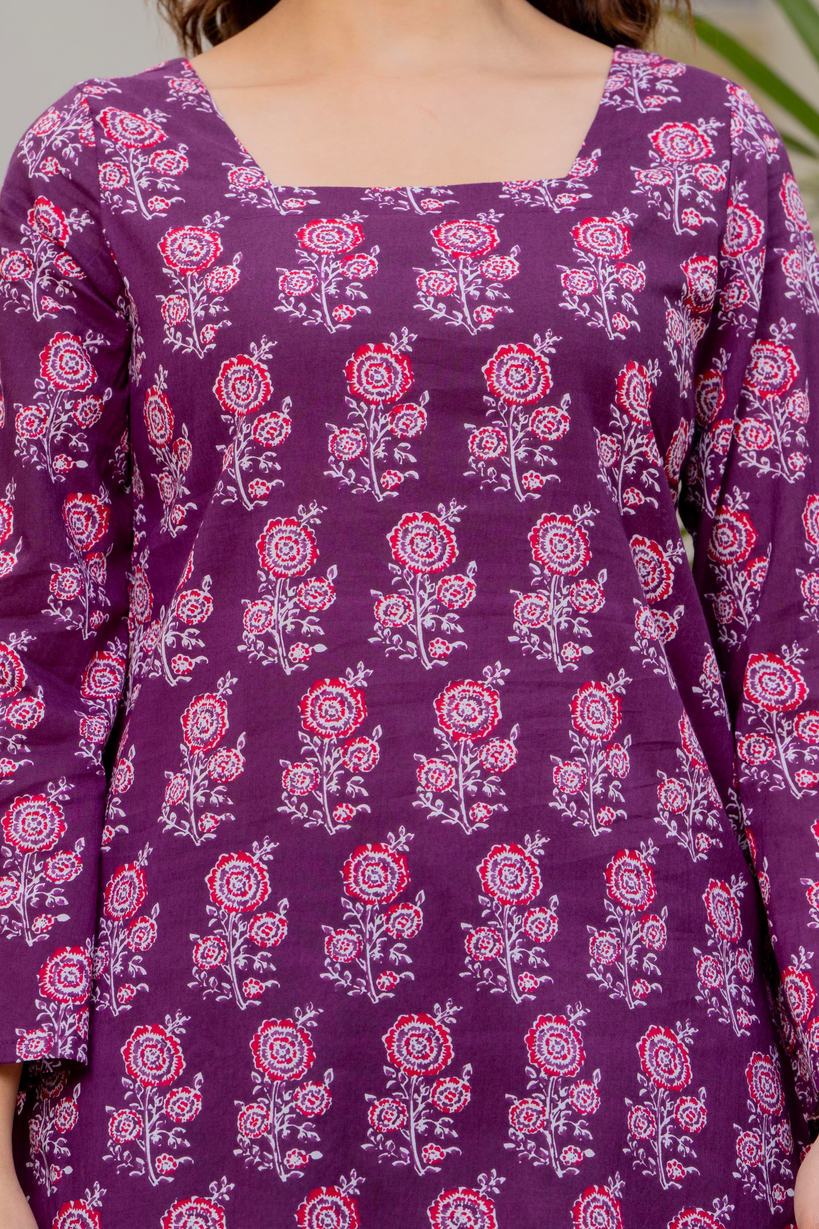Purple Printed Square Neck Flared Sleeves Pure Cotton A-line Kurti