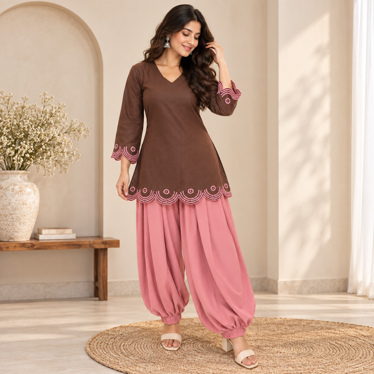 Cocoa brown embroidered kurti for women