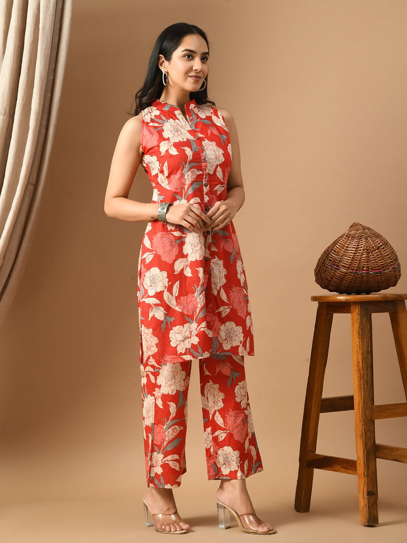 Rust Orange Floral Printed Cotton Kurta Set