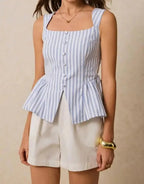 Light blue and white striped square neck peplum top with front buttons and sleeveless design.