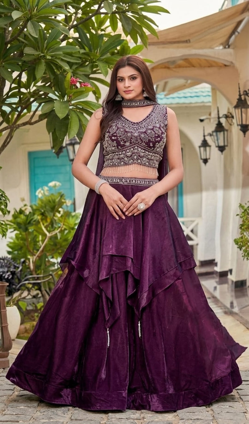 Wine Layered Lehenga Set with Heavy Embroidered Blouse | Party Wear & Wedding Lehenga