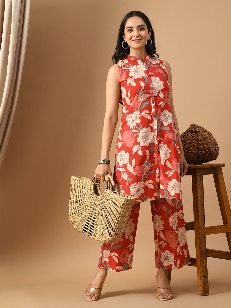 Rust Orange Floral Printed Cotton Kurta Set
