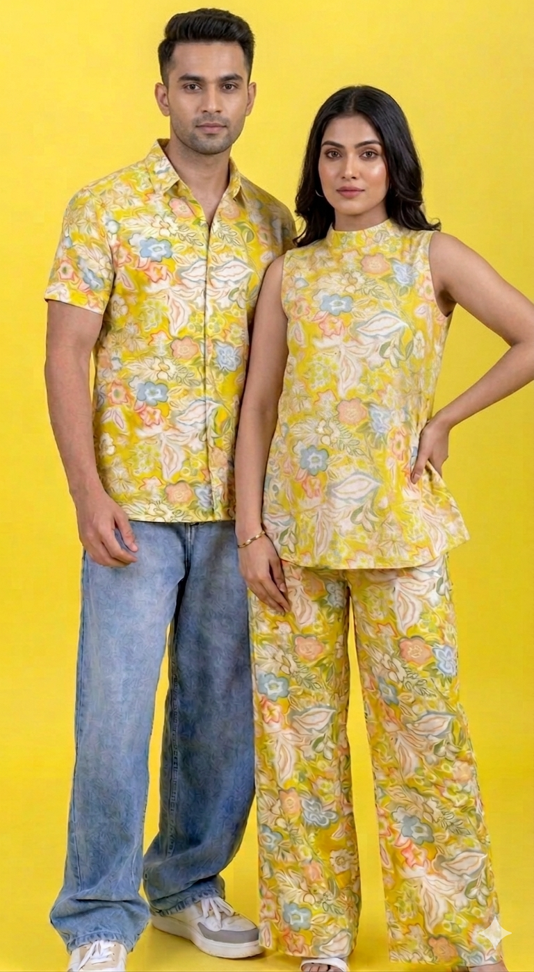 Yellow Floral Couple Outfit Set – Matching Shirt & Co-ord Set for Men & Women | Summer Casual Wear India