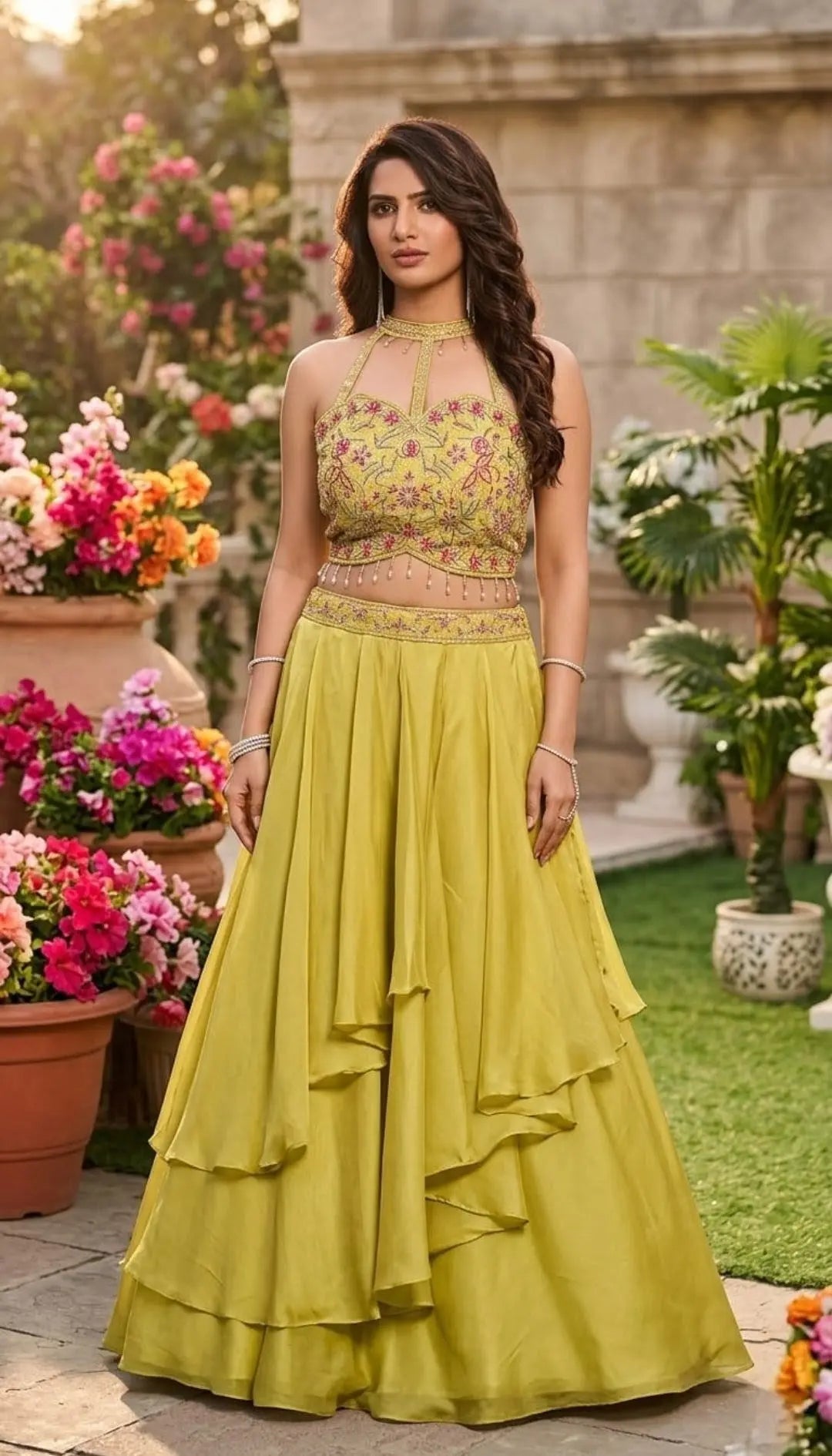 Yellow floral embroidered halter neck crop top with matching layered lehenga skirt.